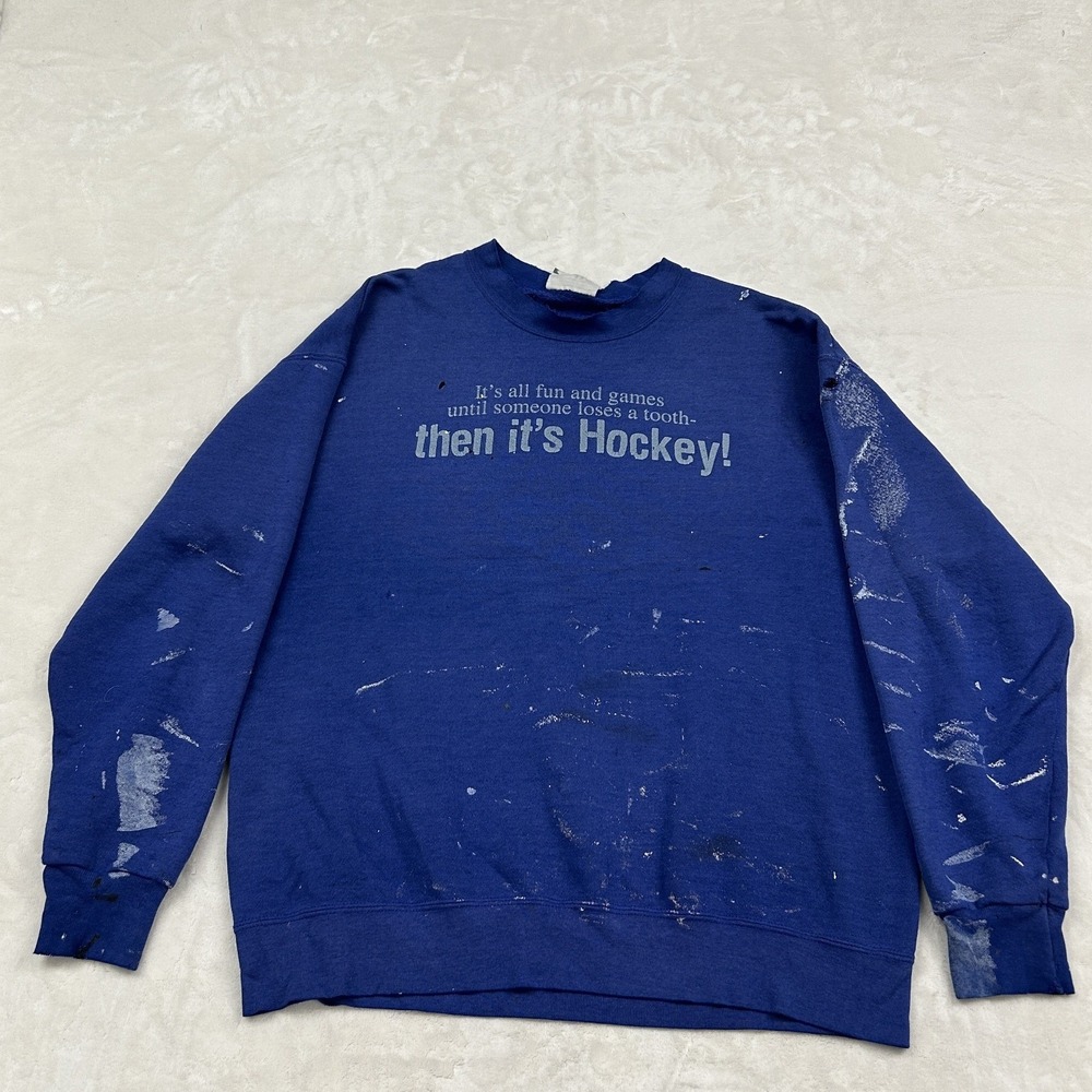 Lee Sweatshirt Mens XL Blue Then Its Hockey Distressed Paint Splatter Graphic
